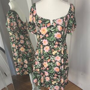 Lily Rose Floral Dress - Green & Black w/ Pink & Orange flowers